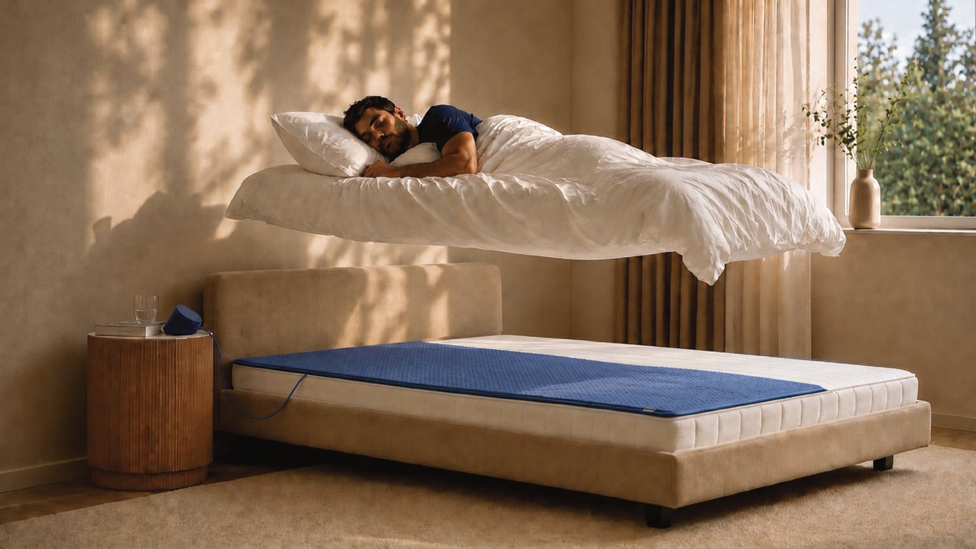 A person sleeping above the Noctae overmat, with the dimensions it captures